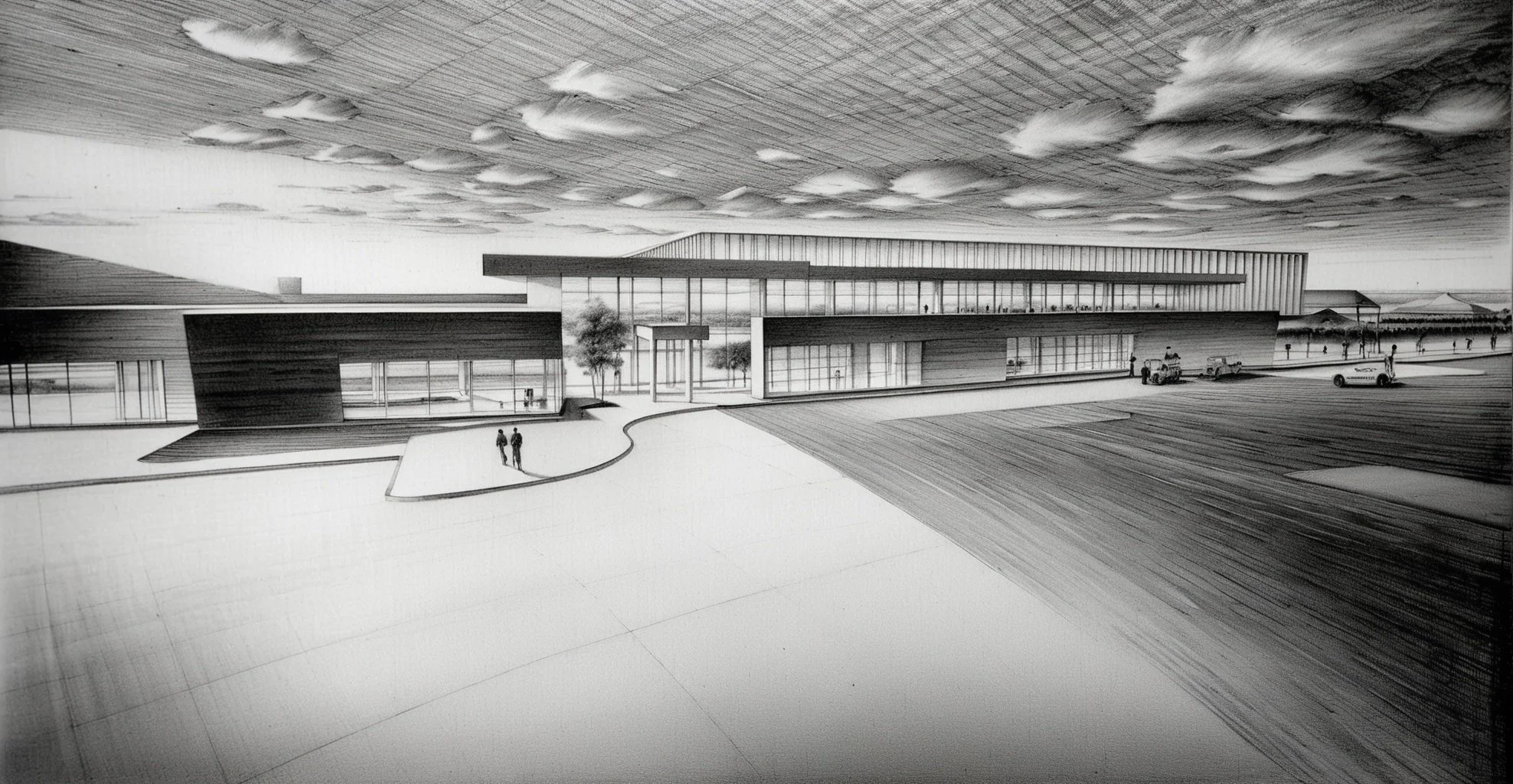 Architectural rendering of a modern, large commercial building with a sloped roof and extensive glass windows, surrounded by a paved area, trees, and parked cars, under a partly cloudy sky.