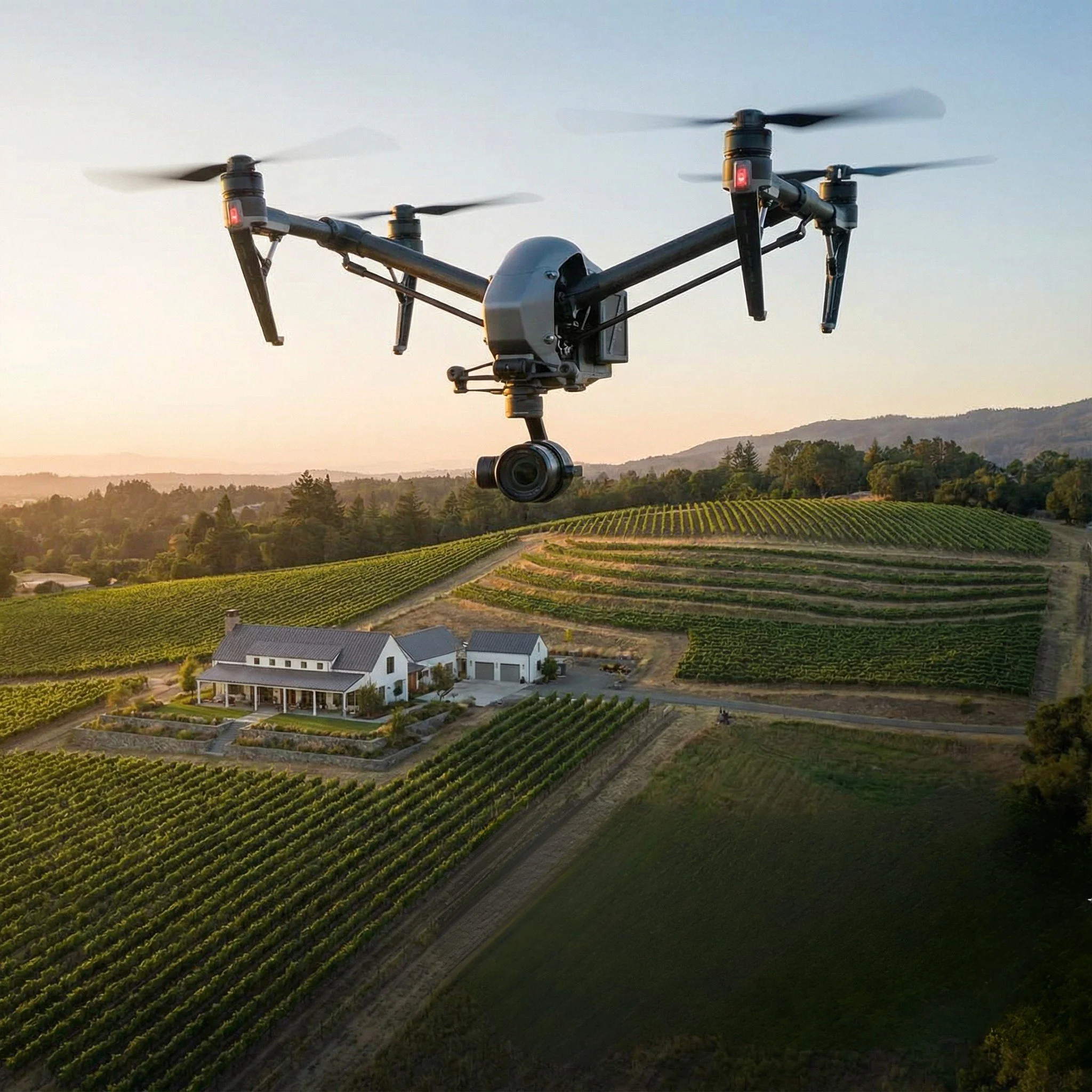 A drone flying above a scenic rural landscape with vineyards and a white house at sunset.
