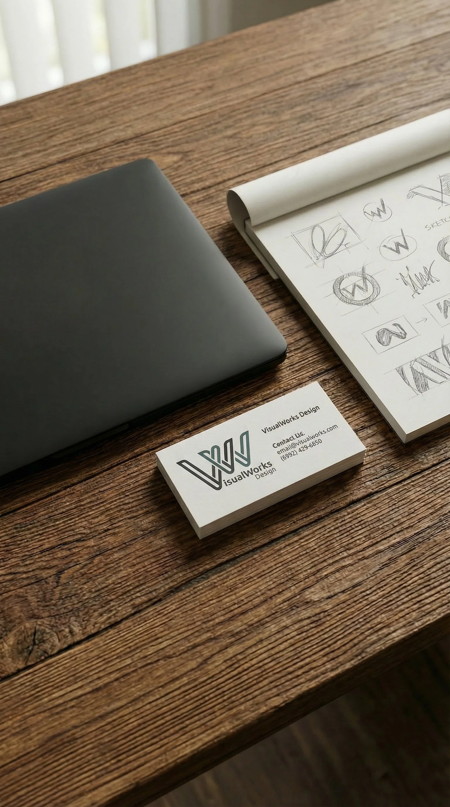 Business card for VisualWorks Design on a wooden desk, with a closed laptop and a sketchbook showing logo design sketches.