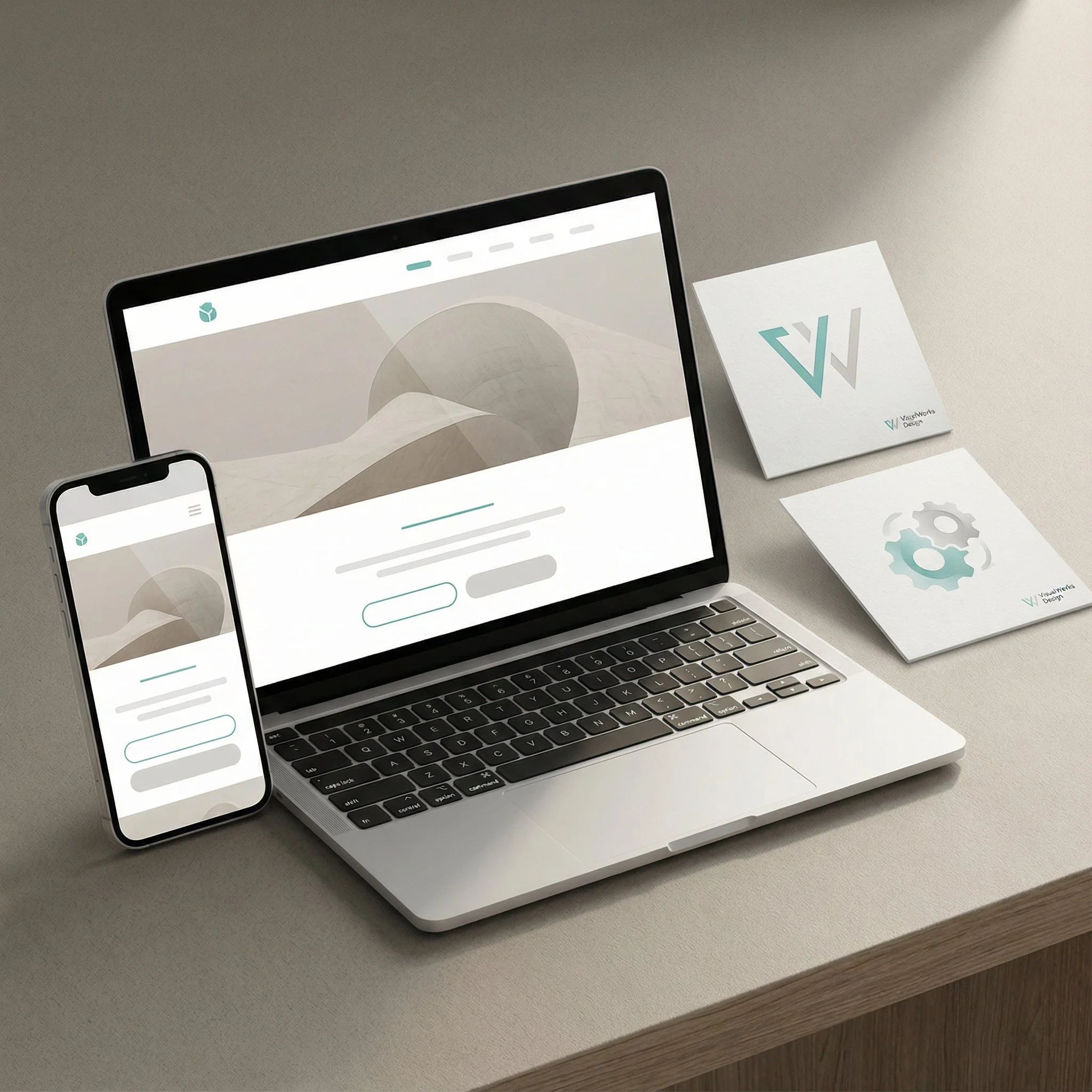 A laptop and smartphone on a beige desk displaying a website with abstract art, along with two printed branding cards, one featuring a stylized V and W logo and the other with a gear icon.