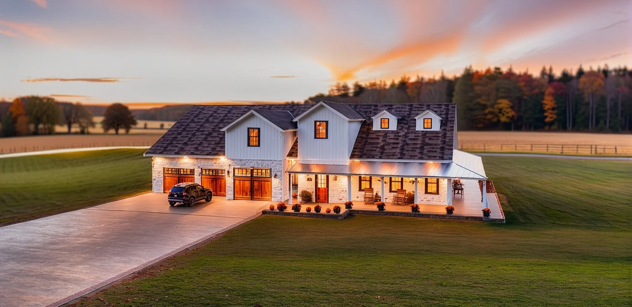 A large, modern farmhouse at sunset, with a spacious driveway, illuminated porch, and autumn foliage in the background.