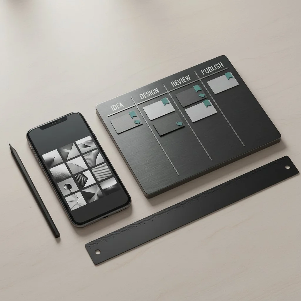 Desk setup with a smartphone displaying black and white abstract images, a black stylus, a black ruler, and a project management board with columns labeled Idea, Design, Review, and Publish, along with sticky notes and tags.