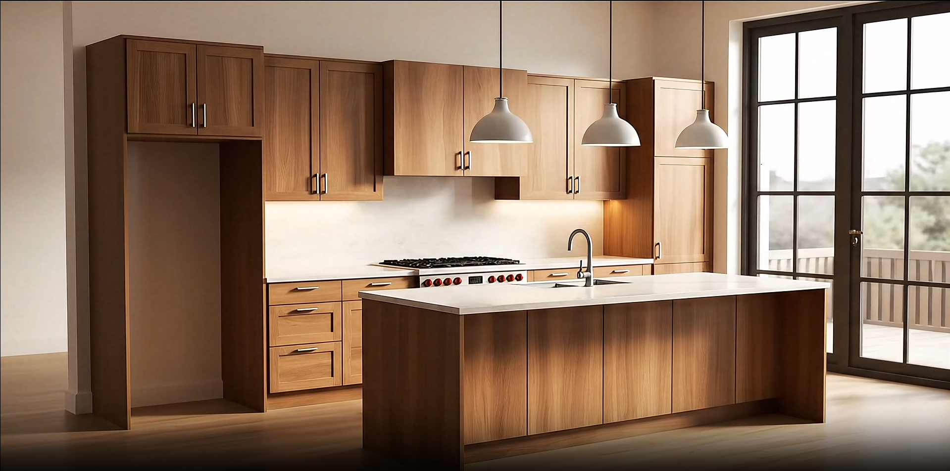 Modern kitchen with wooden cabinetry, white countertops, and large glass sliding door leading to an outdoor balcony.