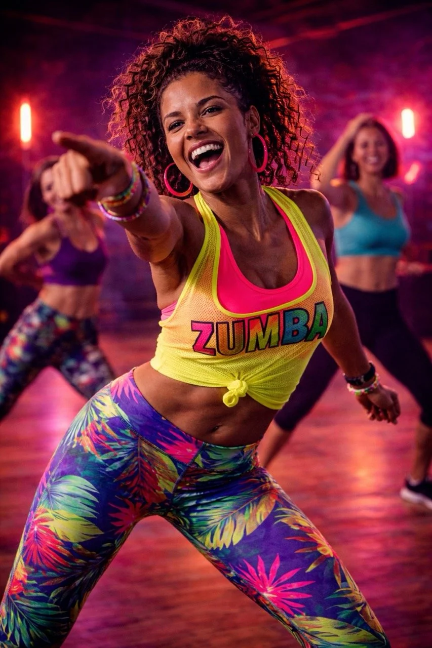 Vrouw die Zumba dansles geeft in een kleurrijke sportschool, omringd door andere vrouwen in sportkleding.