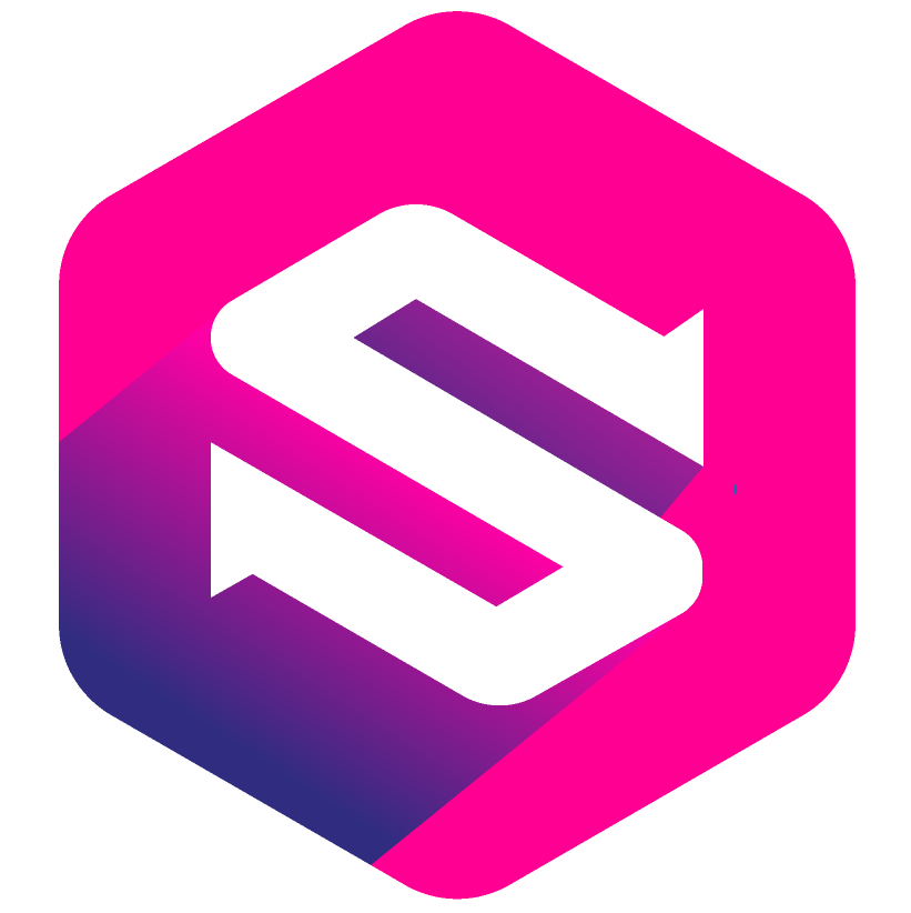 Een logo met een witte, driedimensionale letter 'S' op een roze en paarse achtergrond.