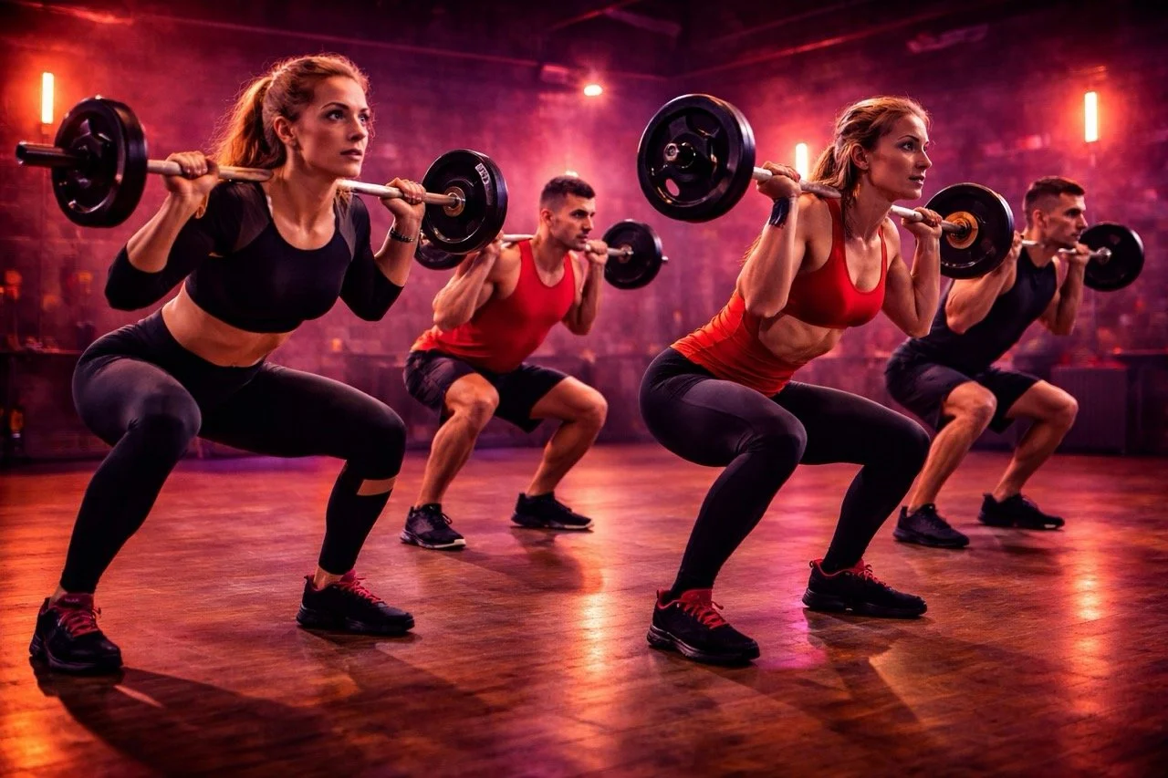 Vier mensen die squats doen met halters in een sportschool, onder fel gekleurde verlichting.