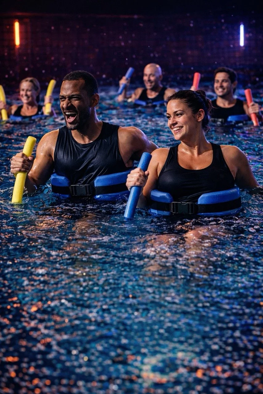 Mensen die deelnemen aan een Aqua fitness class in een nachtclub-achtige omgeving, met leuke gezichten en kleurrijke accessoires.