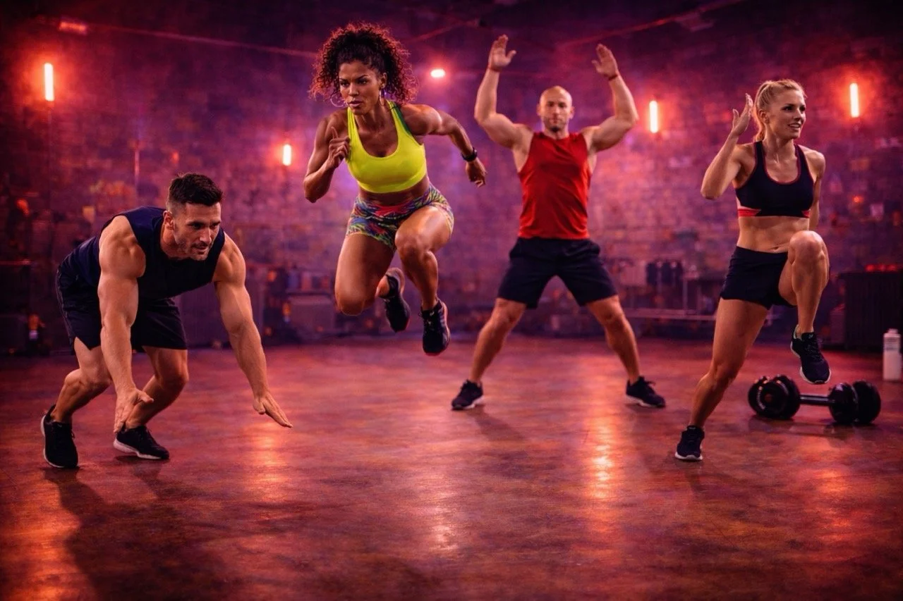 Gezelschap mensen in een sportschool die hoog intensieve workout doen, met kleurrijke workoutkleding en fitnessaccessoires.