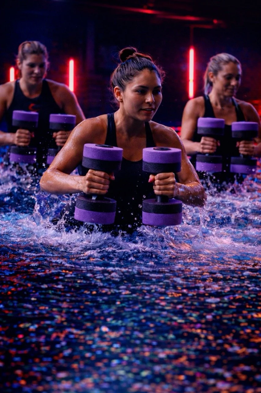 Drie vrouwen die in een verlichte zwemzaal met water trainen met gebruik van grote roze en zwarte gewichten.