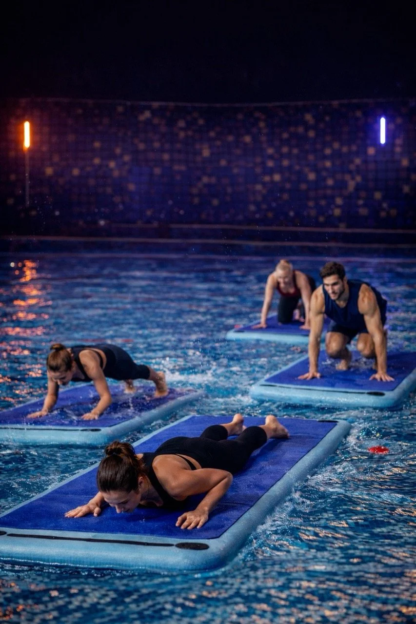 Mensen die op luchtbedden in een zwembad yoga doen als onderdeel van een les of training 'water-yoga' of 'water-pilates' bij nacht.