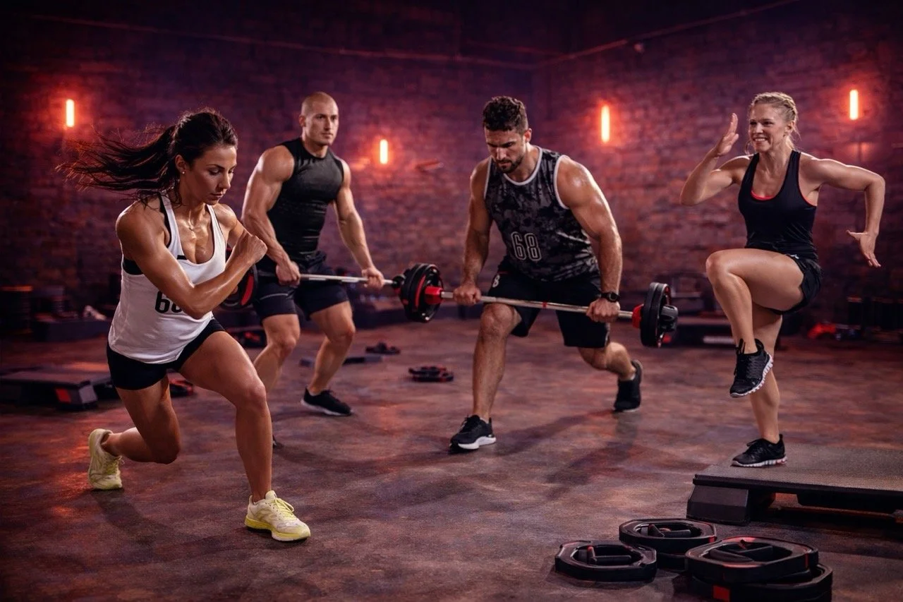 Vrouw die squats doet terwijl ze een gewicht vasthoudt, omgeven door mensen die krachttraining doen in een sportschool met rode verlichting.