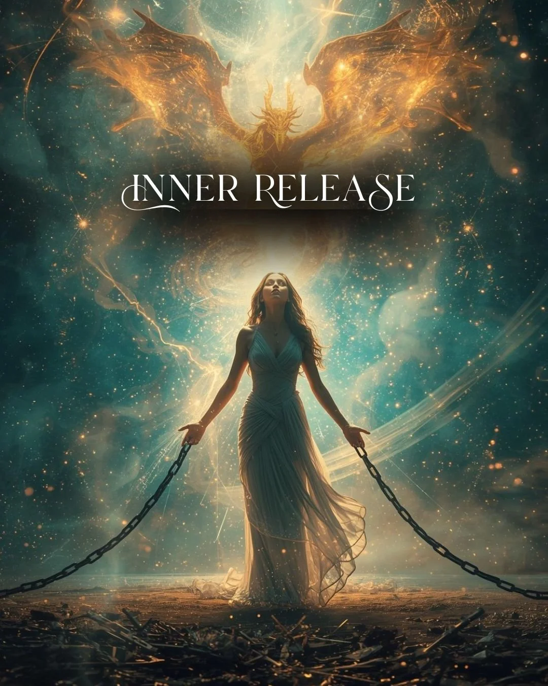 Une femme en robe longue se tient avec des chaînes dans un monde fantastique rempli d'étoiles, avec un dragon doré en arrière-plan et le texte "Inner Release" au centre.
