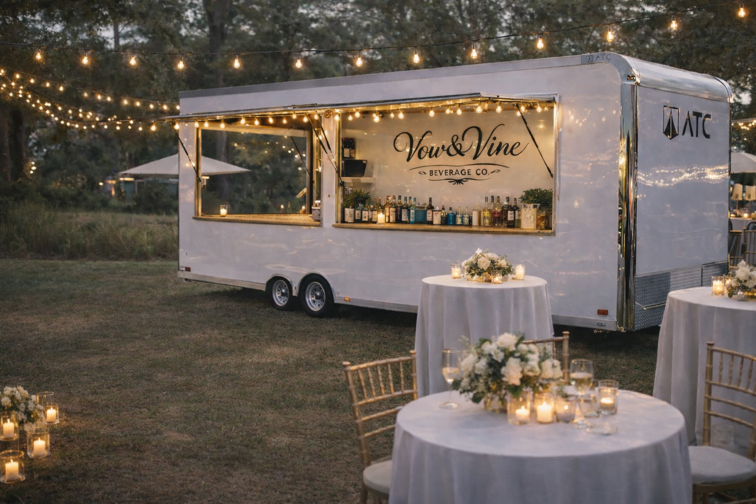 Outdoor evening scene with a white mobile bar trailer decorated with string lights, serving drinks, set up at a special event with tables adorned with white tablecloths, floral centerpieces, and candles, with trees and additional string lights in the background.