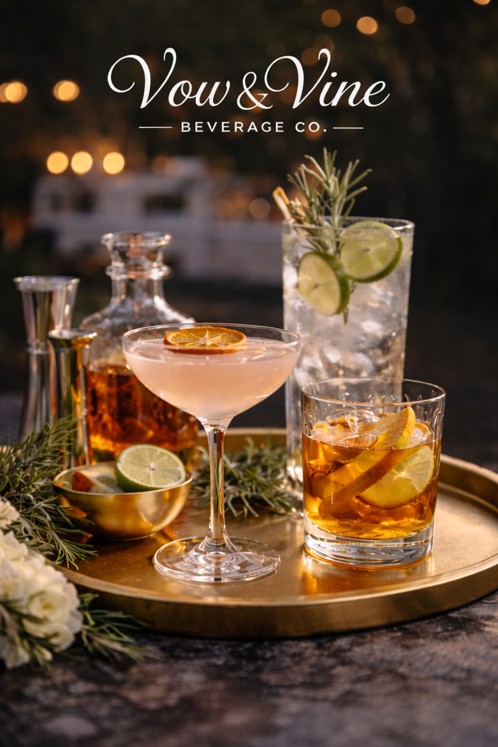 An assortment of cocktails with lemon, lime, and herb garnishes on a golden tray, with a blurred background and the text 'Vow & Vine Beverage Co.'