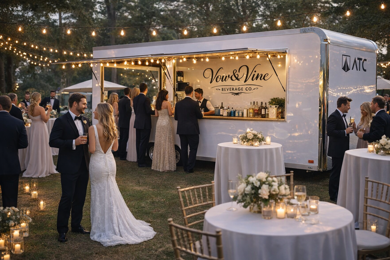 Wedding reception outdoors with string lights, surrounded by guests in formal attire, and a white mobile bar with the signage 'Vow & Vine Beverage Co.' serving drinks.