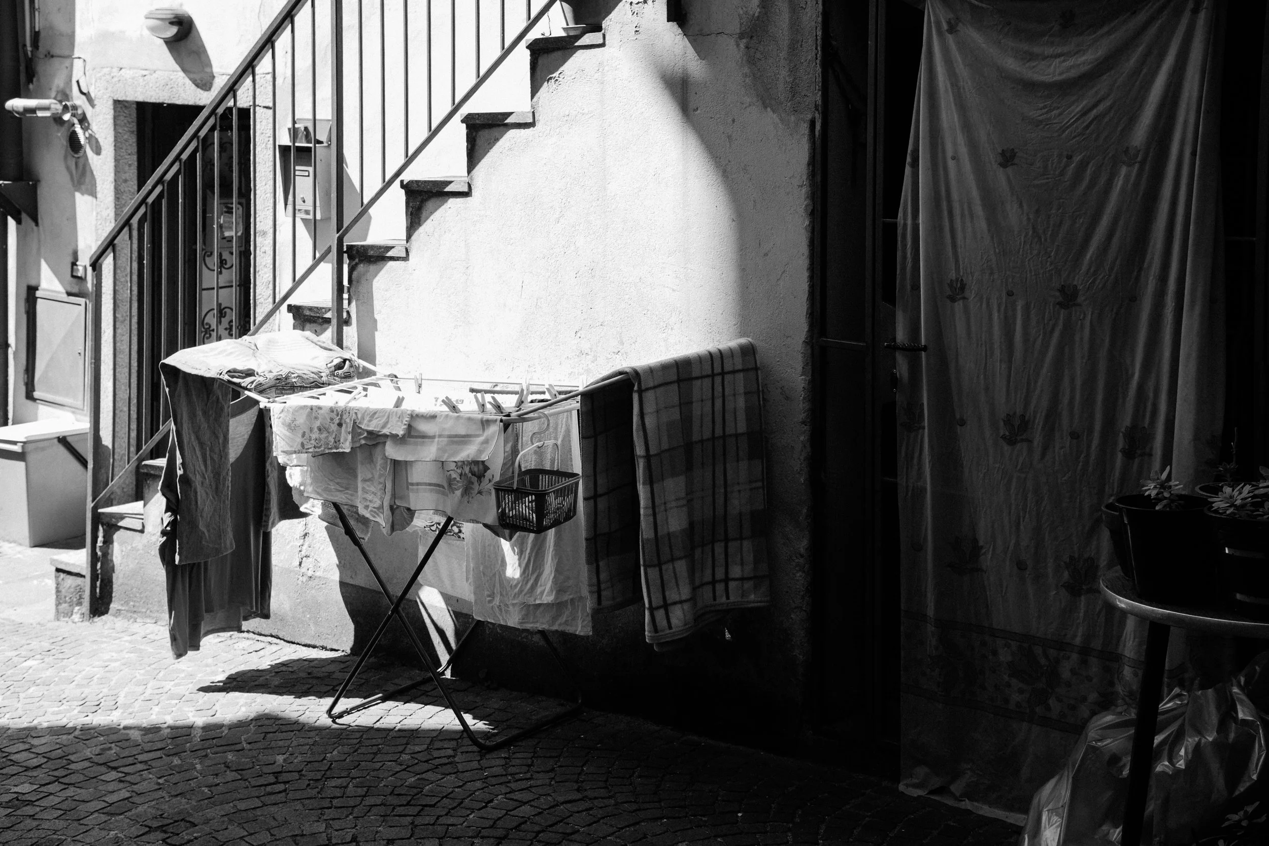 black and white washing drying in the sun in Tuscany