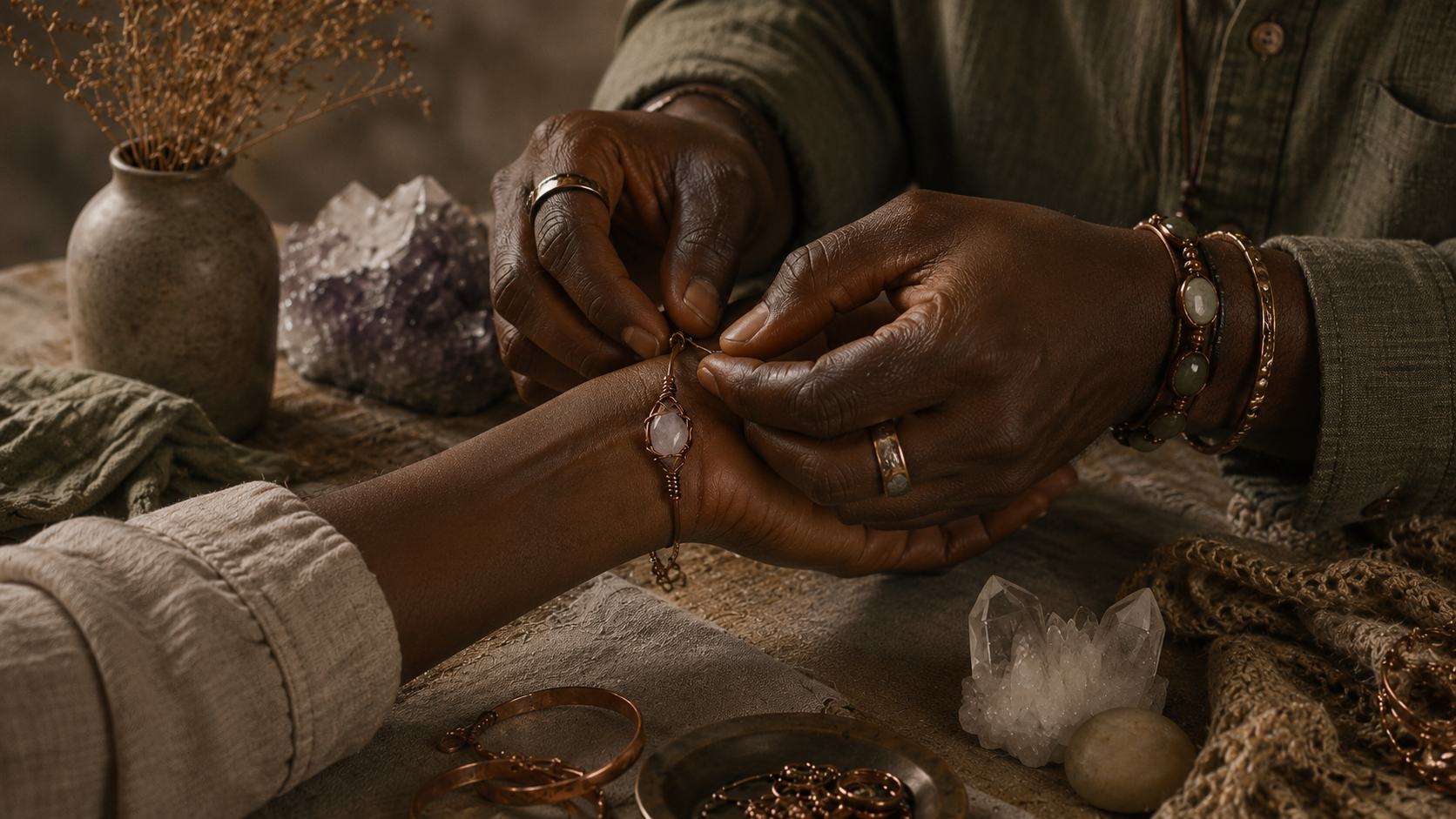 African American artisan fastening a handmade wire-wrapped crystal bracelet onto a customer’s wrist at a cozy jewelry table, surrounded by copper pieces, crystals, and earthy textiles in warm green-brown tones.