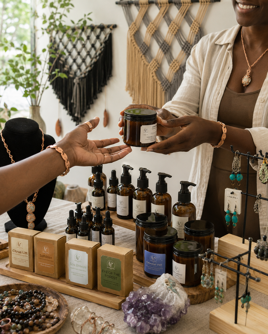 apieceofstar market table with handmade soaps, oils, crystals, and jewelry being shared between two people.