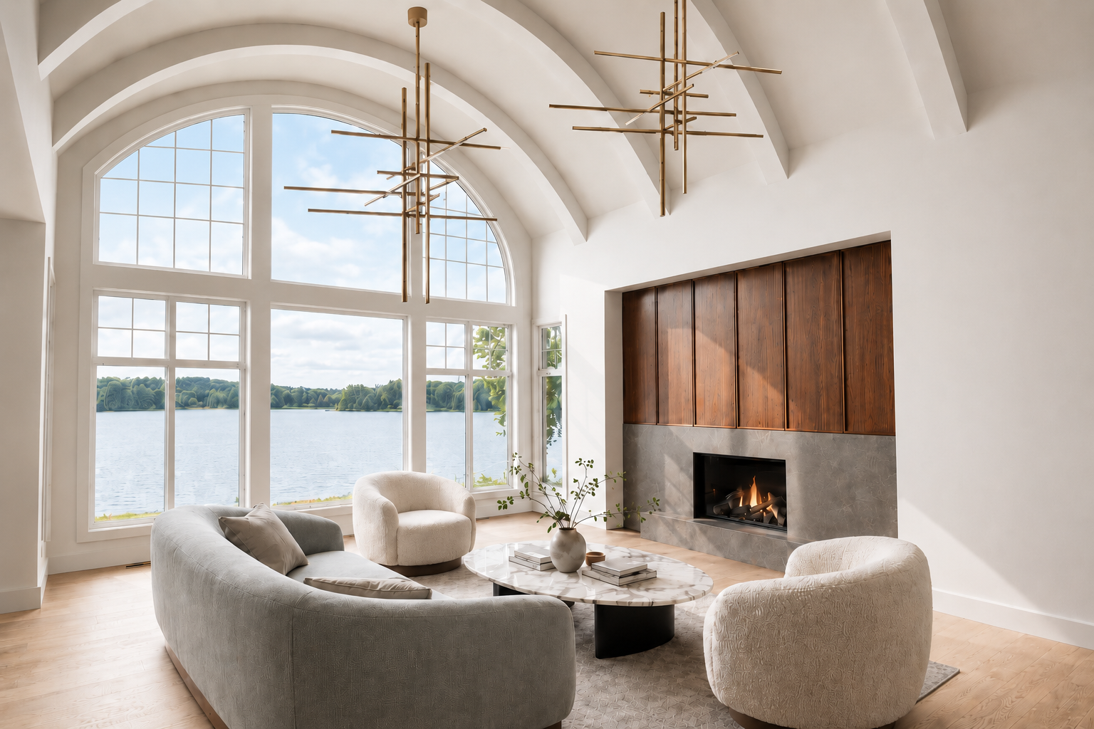 Living room with large arched window overlooking a lake, modern fireplace, beige sofa, two matching armchairs, marble coffee table, and contemporary chandeliers.
