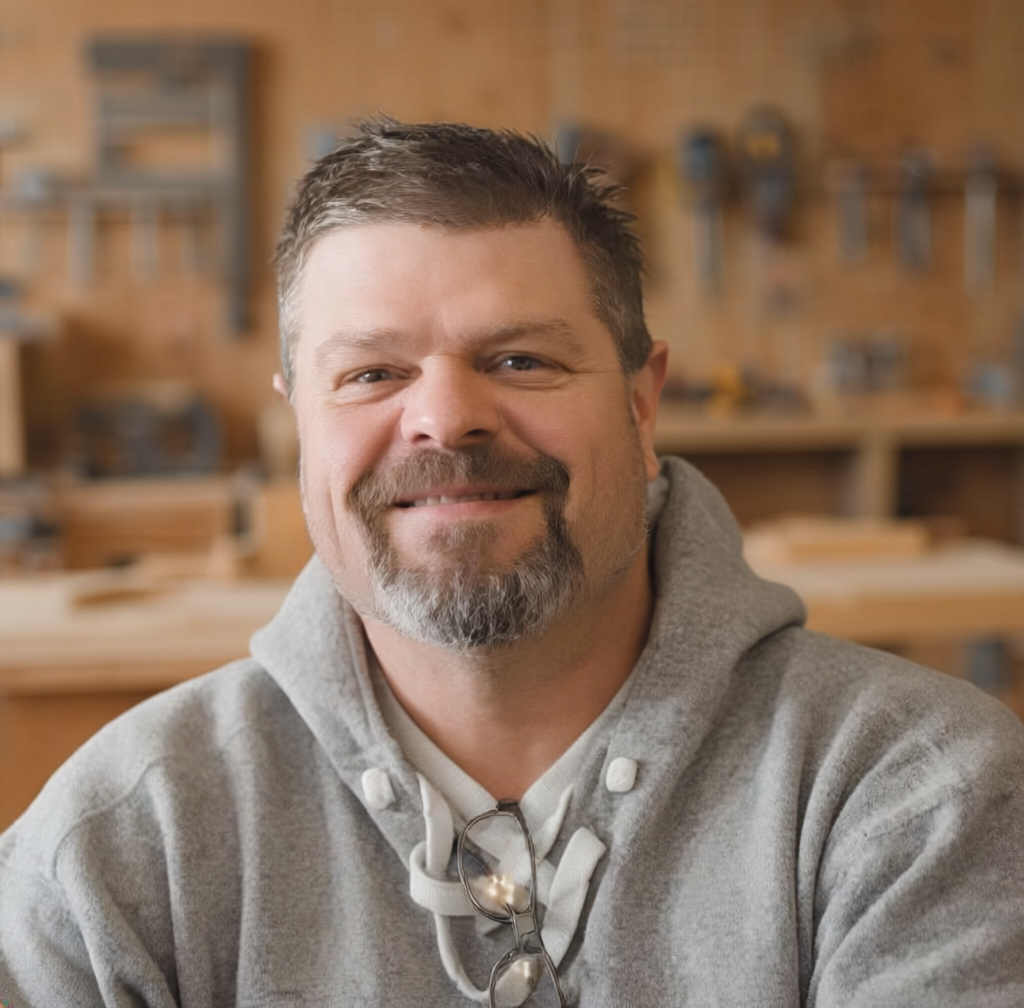 Smiling man with a beard and glasses on a hoodie in a woodworking shop.