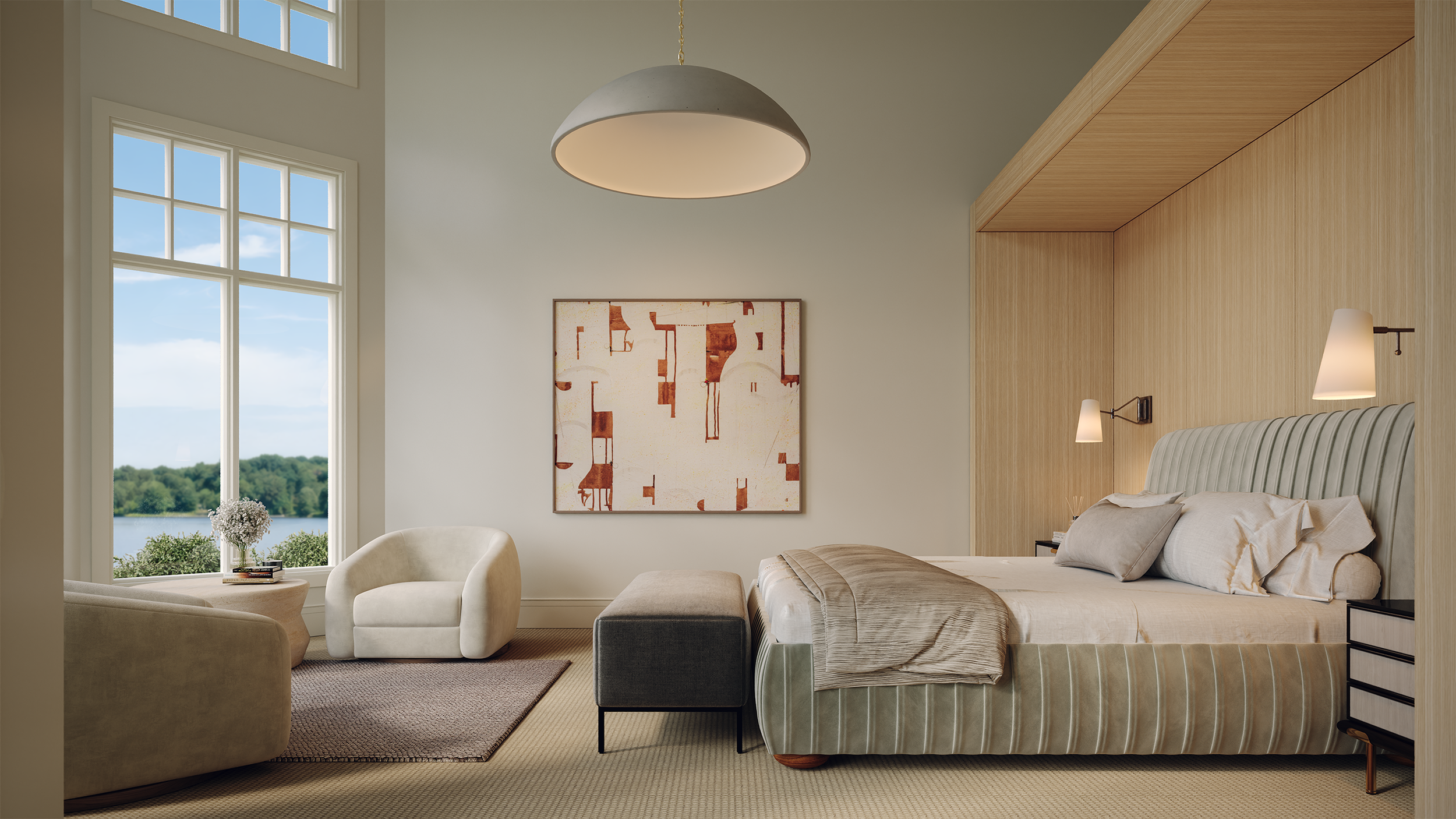 A bedroom with a large window overlooking trees and a body of water, a beige armchair, a small table with flowers, and modern wall-mounted lights.