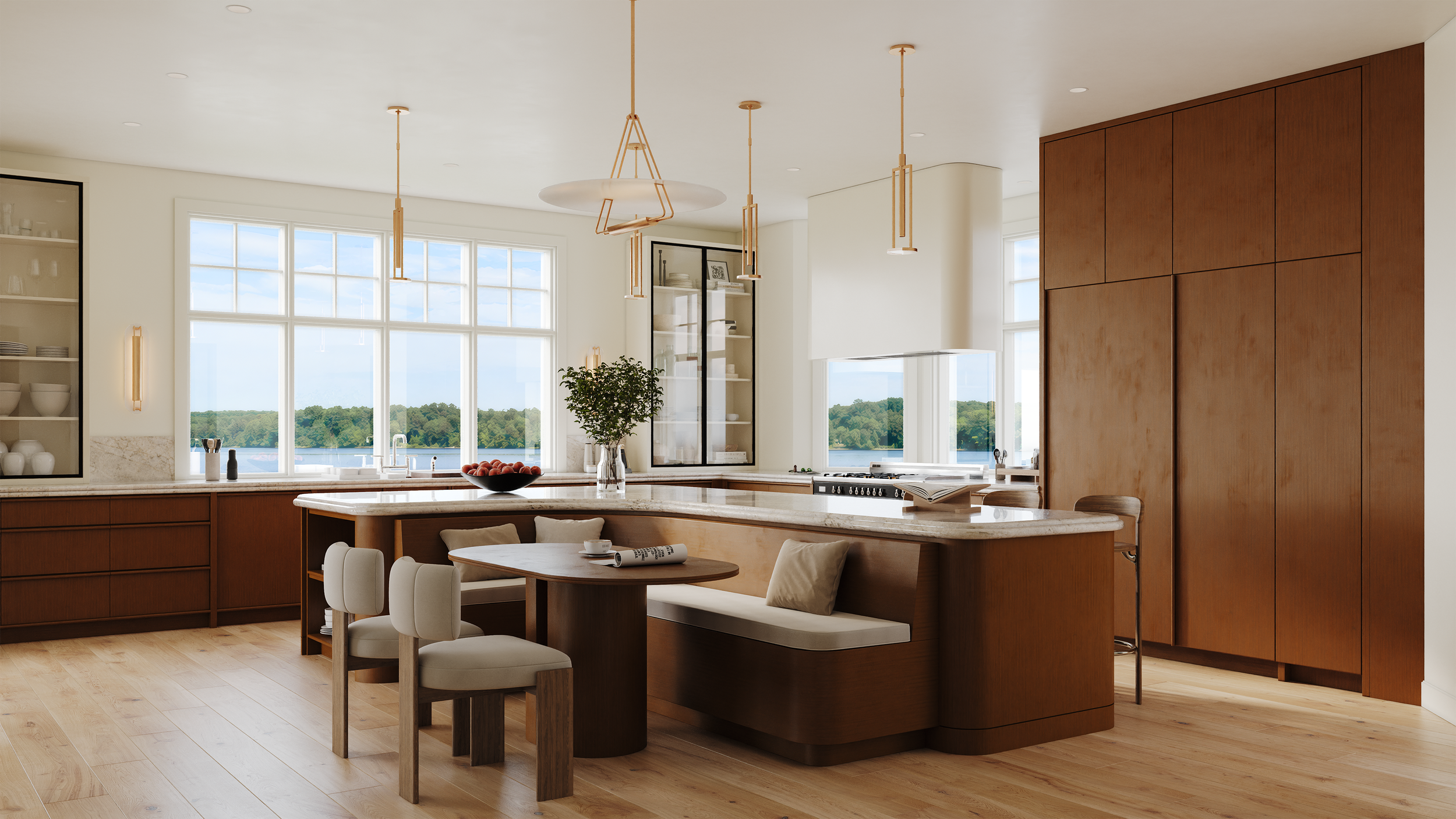 Modern kitchen interior with wooden cabinets, a marble countertop island, black and gold kitchen furnishings, a potted plant, and large windows letting in natural light.
