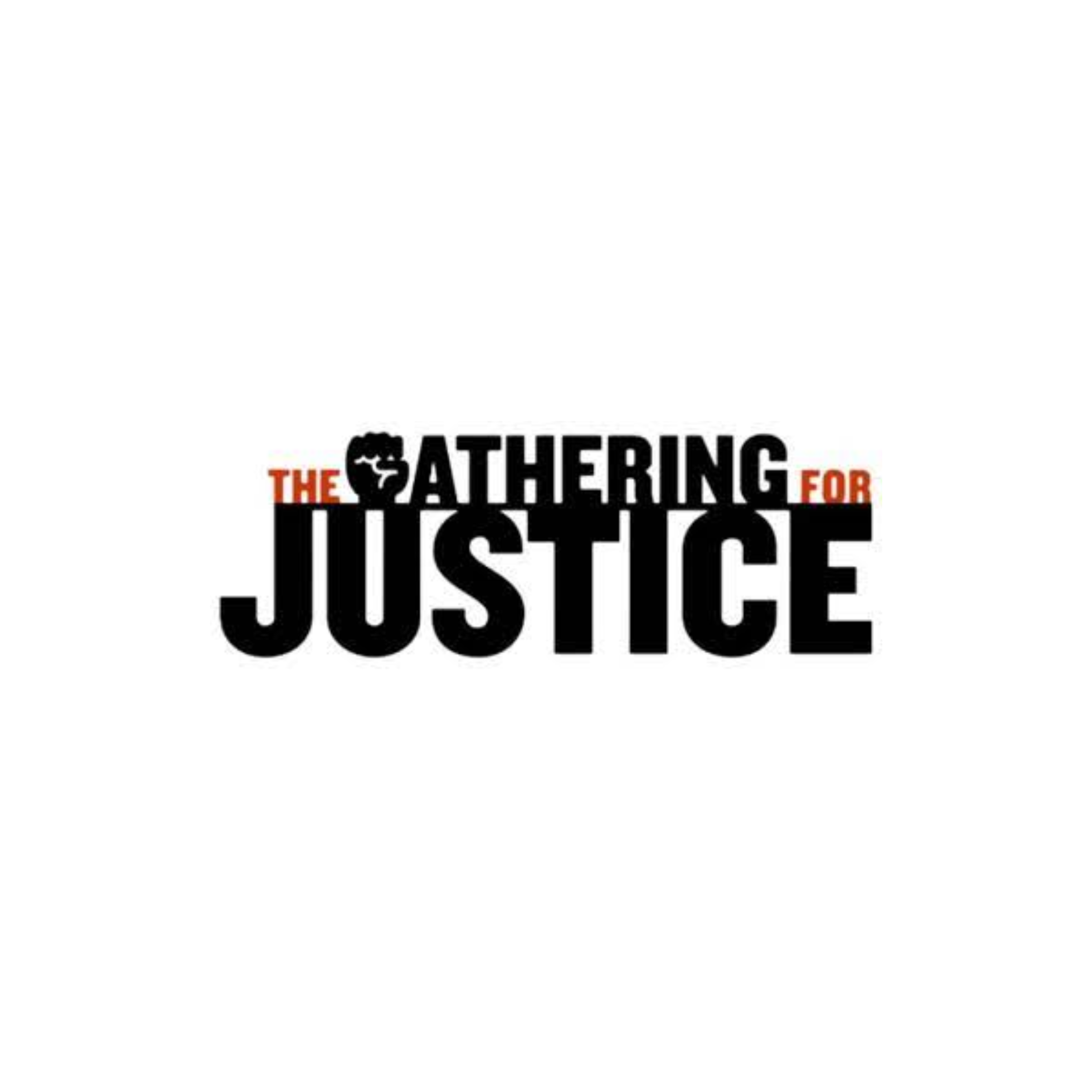 Logo for the event 'The Gathering for Justice' with a raised fist icon.