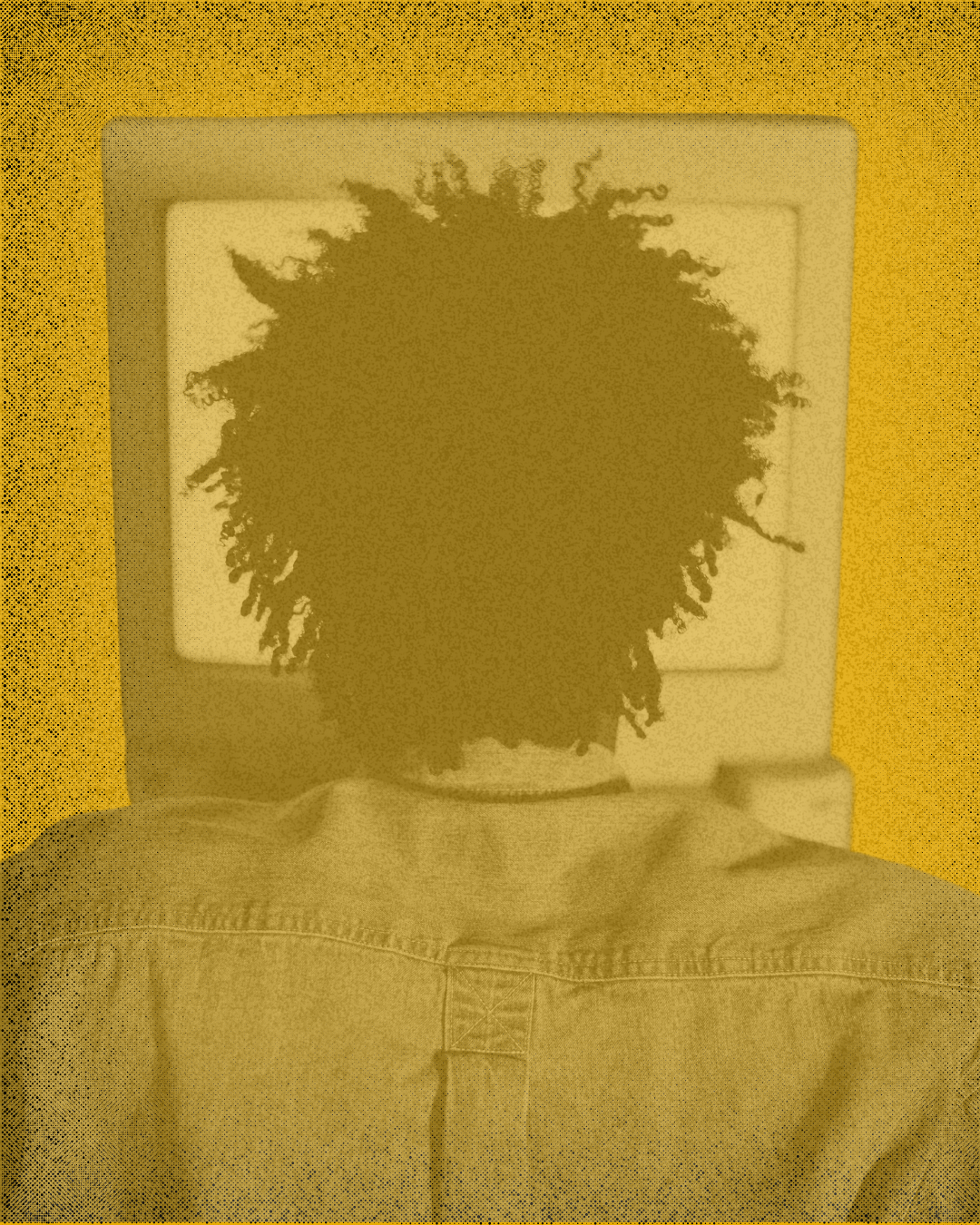 Person with dreadlocks looking at a computer to take action to end Qualified Immunity, with a yellow frame around the mirror.