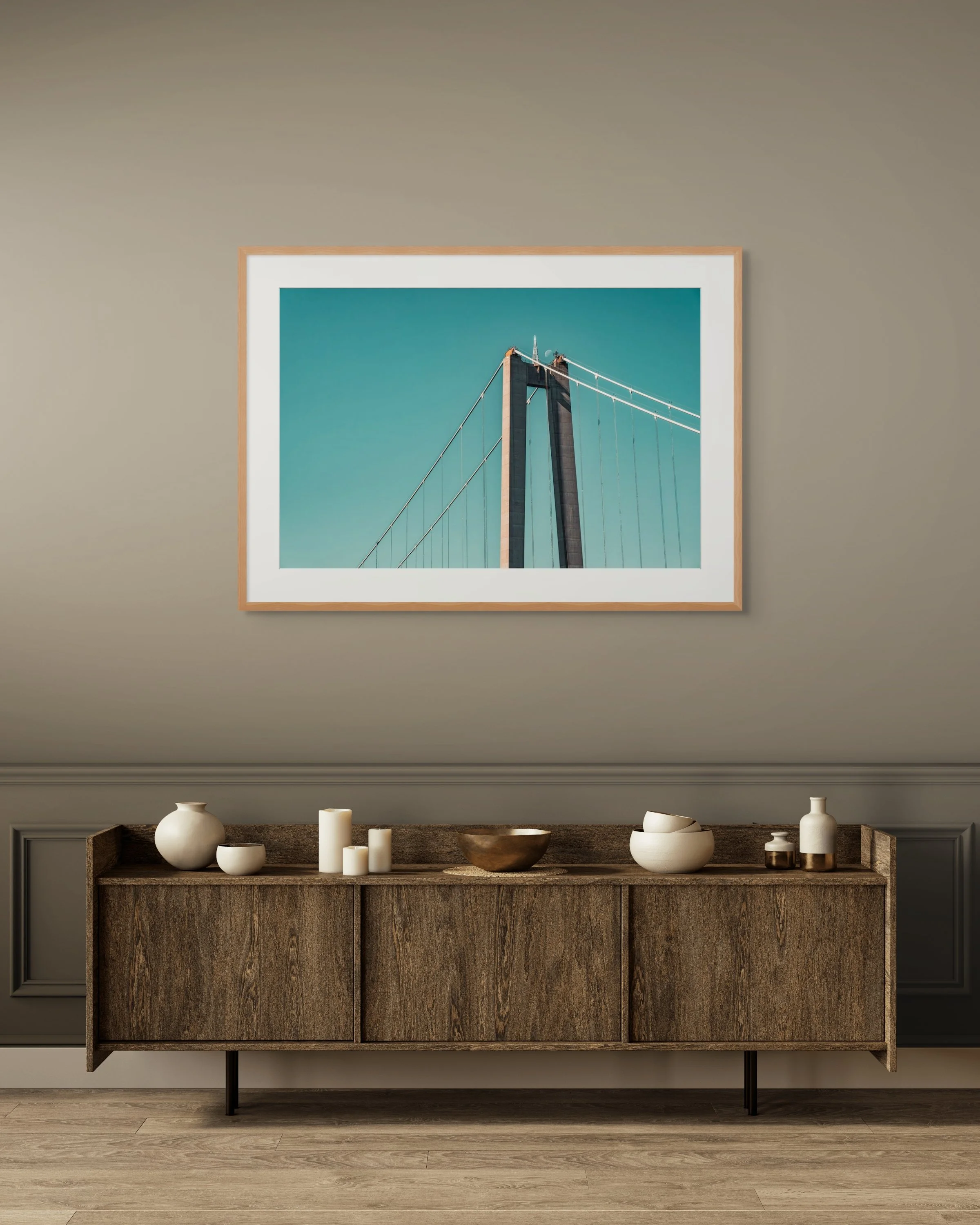 Höga Kusten bridge at dawn with the moon still in the sky, a fine art print for a living room wall