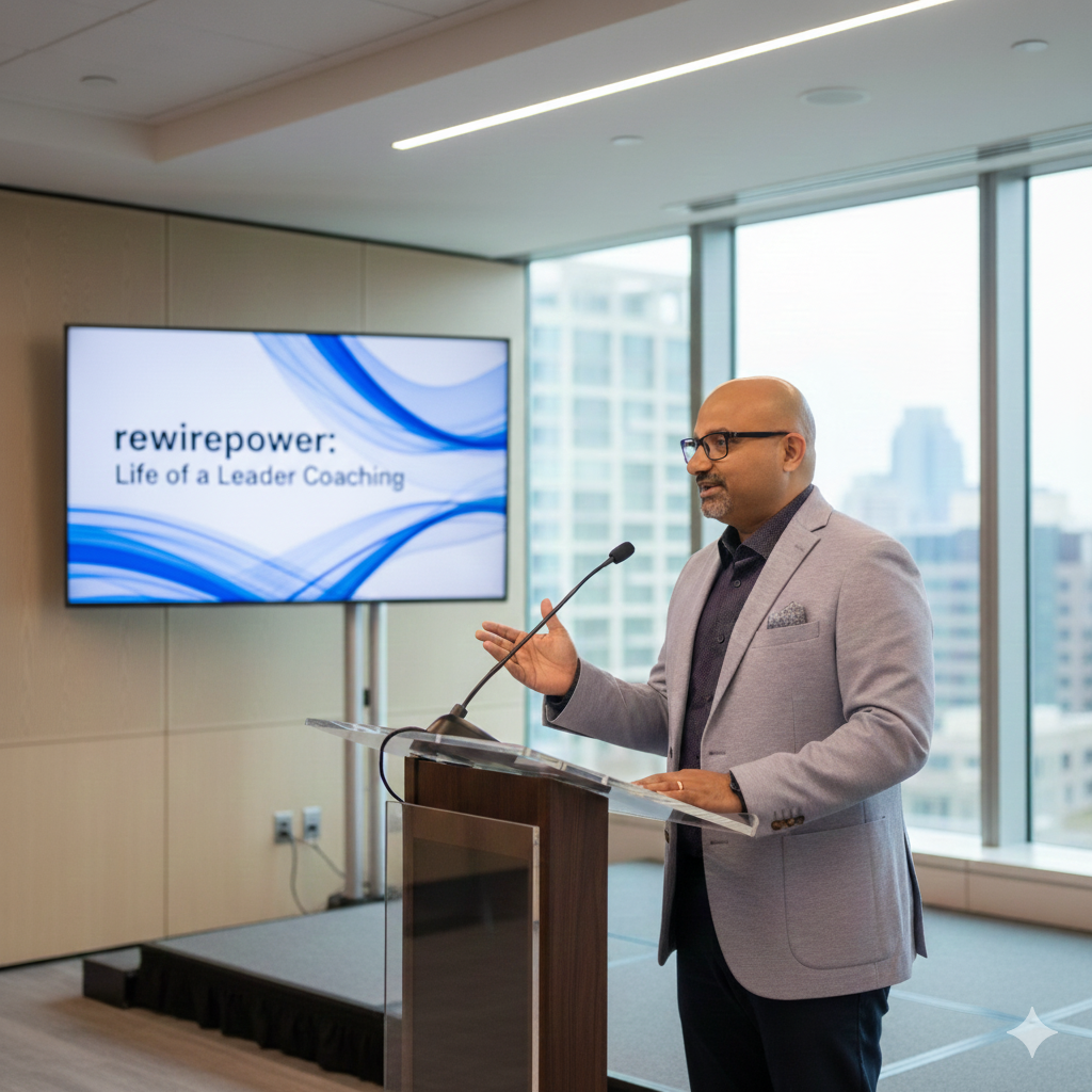A man in a gray blazer, dress shirt, and glasses giving a presentation at a conference, with a PowerPoint slide on a monitor behind him that reads 'rewirepower: Life of a Leader Coaching' in a modern office setting with large windows showing a cityscape.