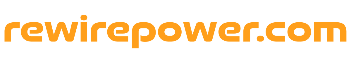 Logo of rewirepower.com with stylized text in orange.