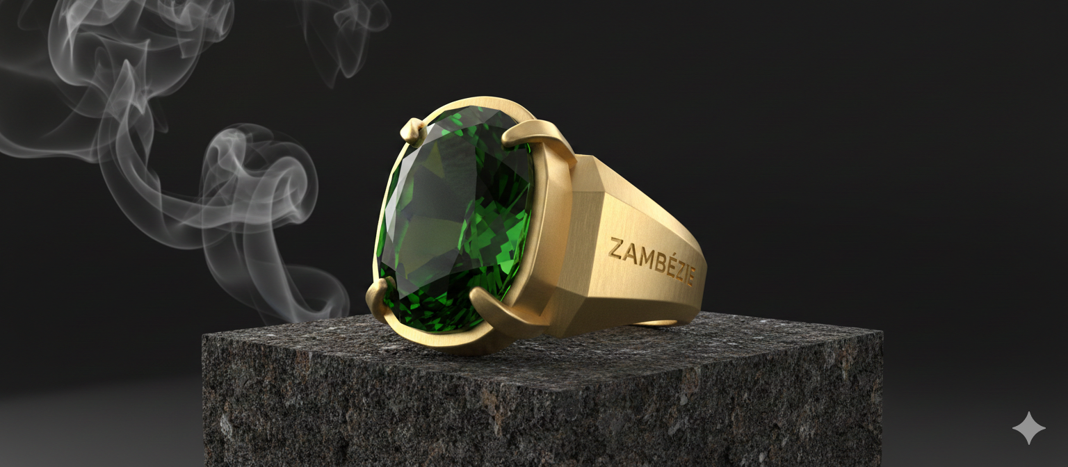 Bague en or avec un grand pierre précieuse verte reposant sur une surface en pierre sombre, avec de la fumée blanche autour.
