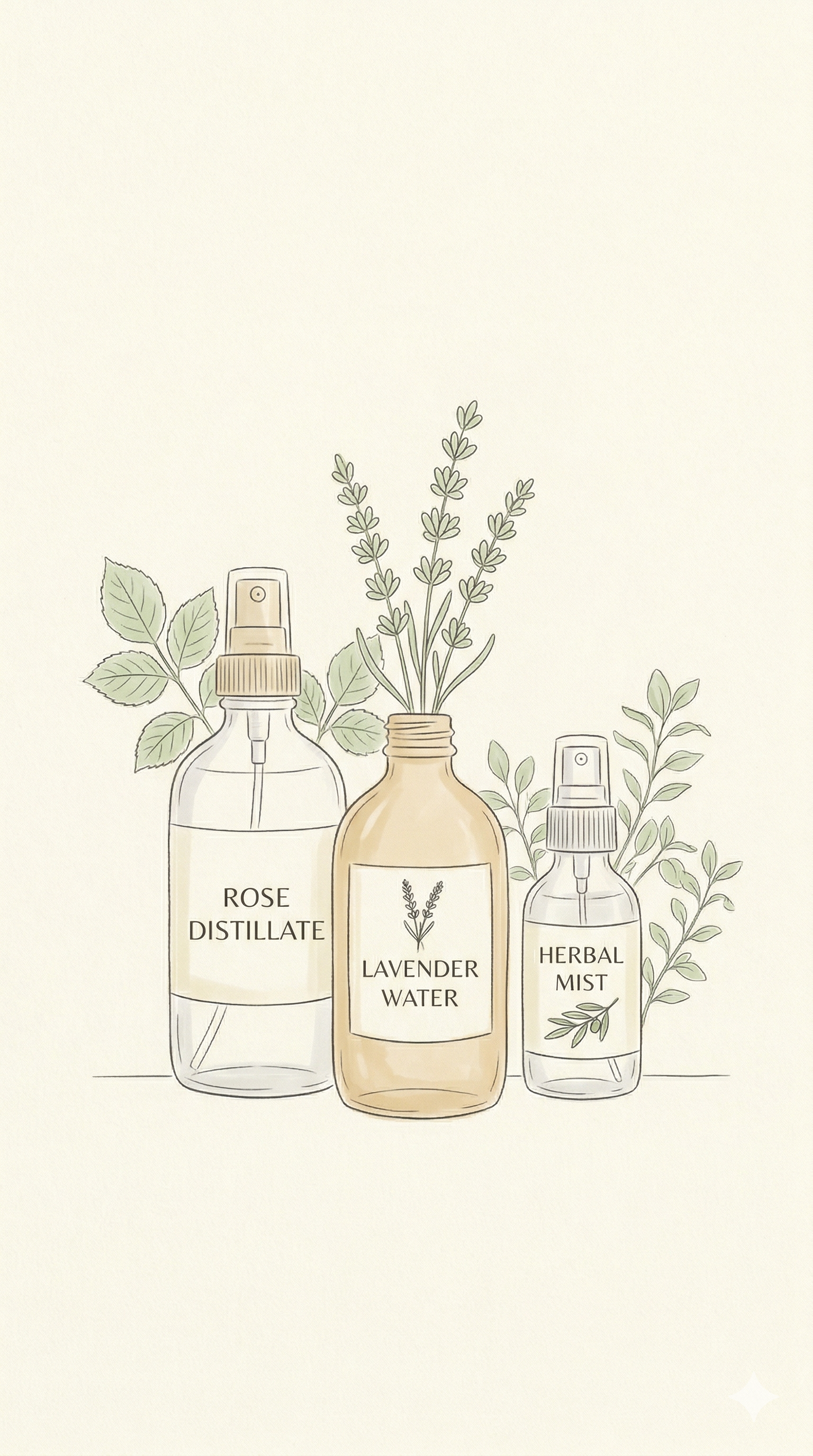 Illustration of three spray bottles labeled "Rose Distillate," "Lavender Water," and "Herbal Mist" with sprigs of leaves and lavender behind them.