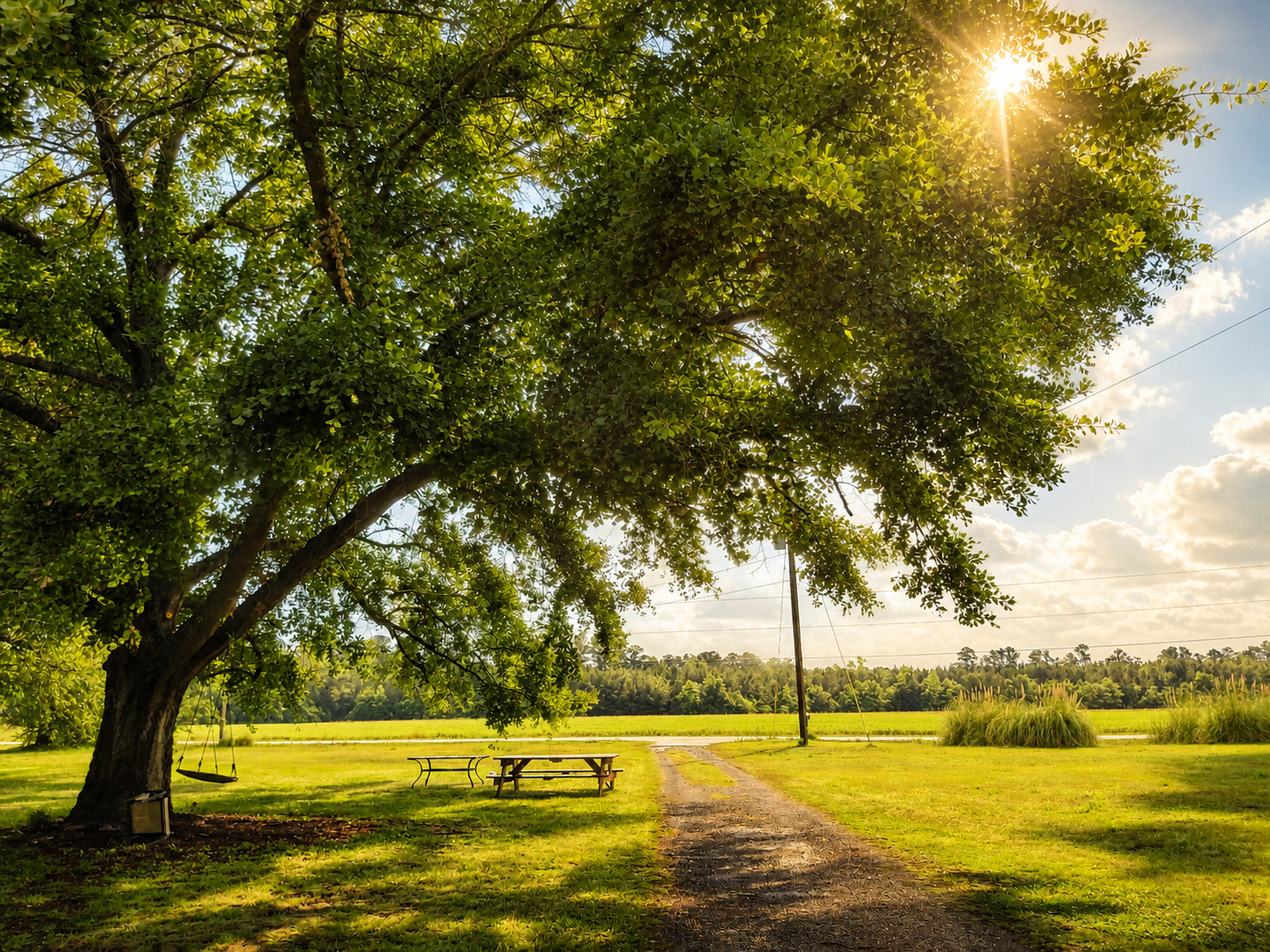 Sunlight filtering through the leaves of a large tree in a grassy park, with a dirt path, a picnic table, and a swing hanging from the tree branch, with a field and trees in the background.