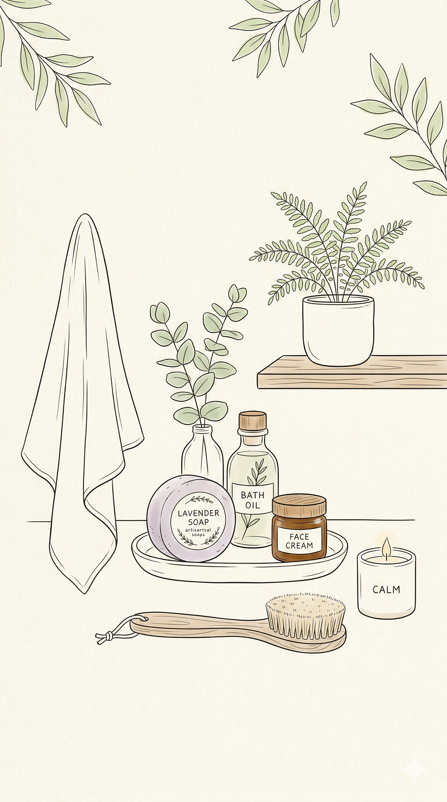 Illustration of a bathroom countertop with herbal soap, bath oil, face cream, a lit candle labeled 'Calm', a wooden bath brush, a towel, and potted plants on shelves and the counter.