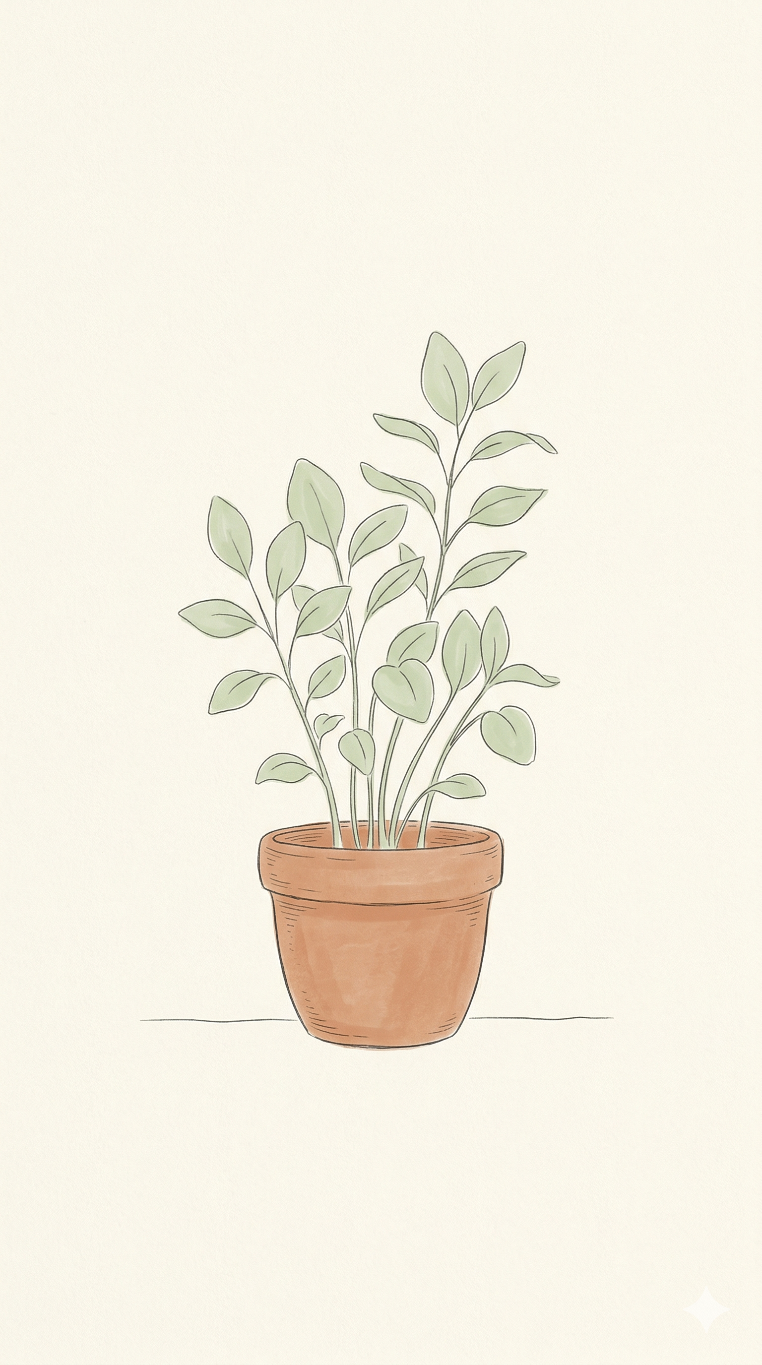 Illustration of a potted plant with green leaves in a terracotta pot on a plain background.