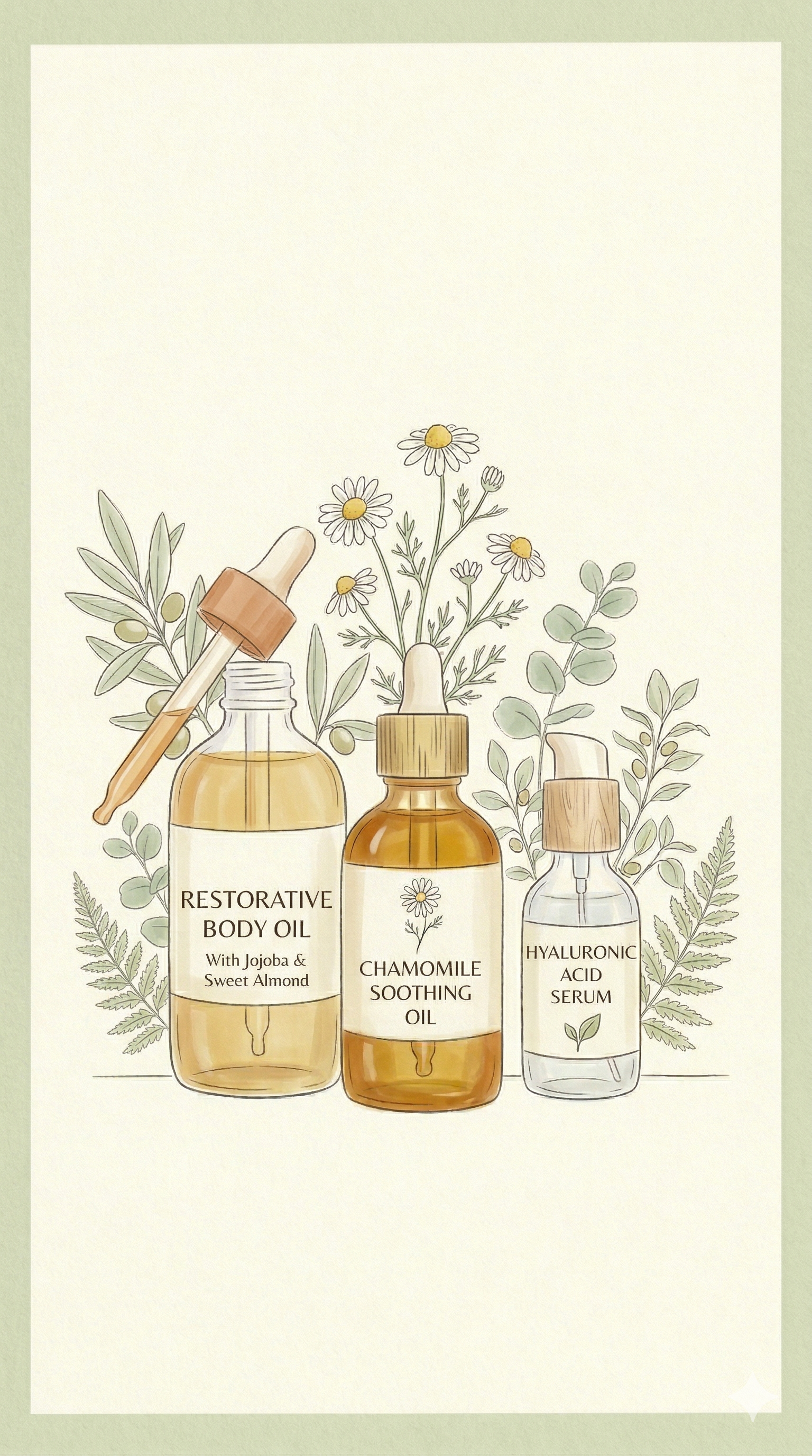 Three bottles of skincare oils and serums with botanical illustrations, including a restorative body oil, chamomile soothing oil, and hyaluronic acid serum, surrounded by leaves and herbs.