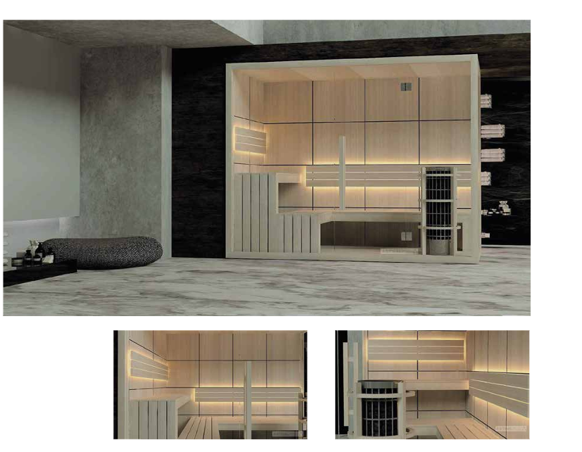 Interno di una sauna in stile moderno con panche di legno e illuminazione soffusa.