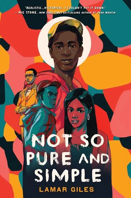 Design by Jor Ros. Resembles the stained glass in church windows with colors in cerulean, gold, salmon, black. Four black teenagers are prominently feature in varying hues. Tight Reads NOT SO PURE AND SIMPLE by Lamar Giles.