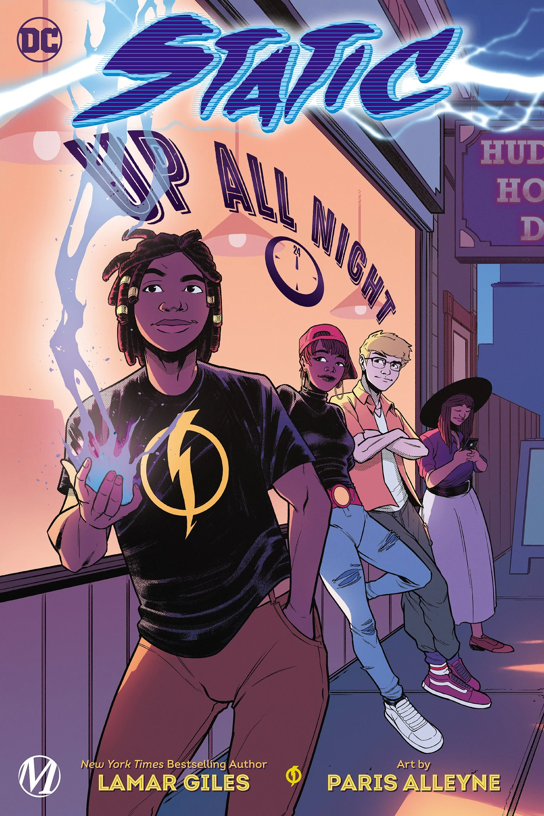 The stylized electrical title reads STATIC: UP ALL NIGHT. The characters Virgil, Raquel, Richie, and Isadora are all lined up in front of a late night dinner looking mischievious.