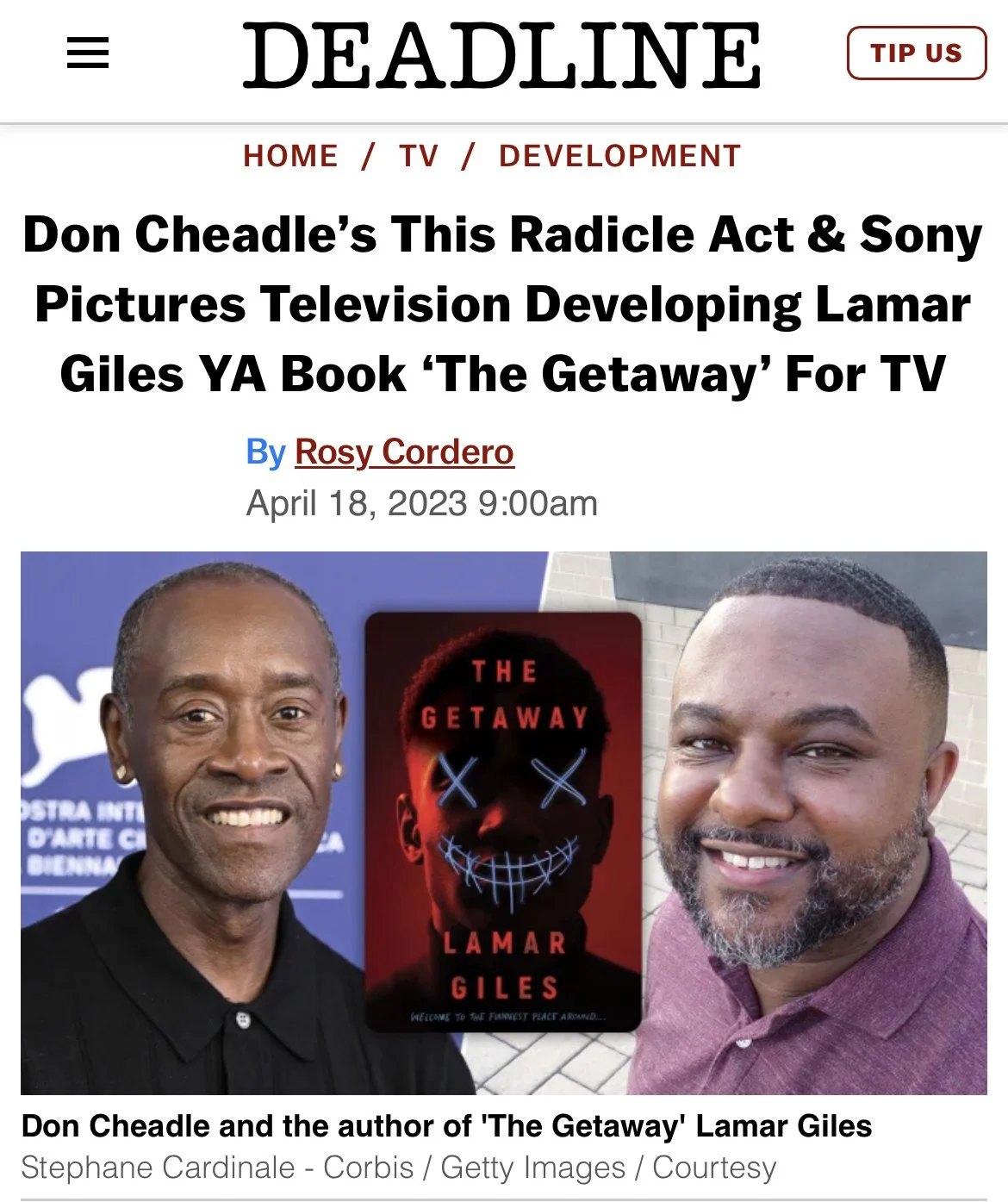 Photograph of Don Cheadle and Lamar Giles standing outdoors, with a graphic of Lamar Giles' book cover 'The Getaway' between them.