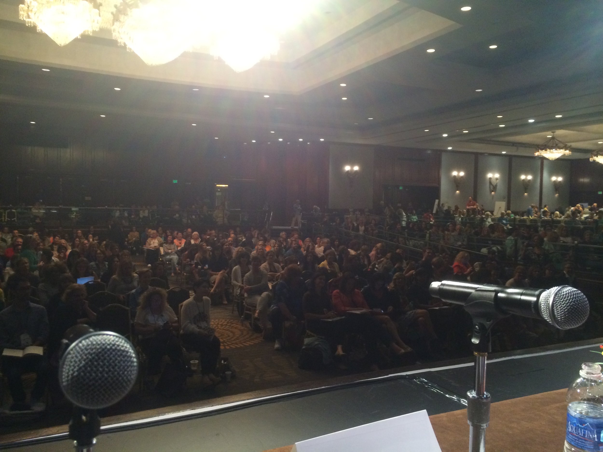 View from stage showing microphones, a large audience seated in a conference hall with chandeliers, and a speaker's table with a water bottle and paper, preparing for a presentation or event.