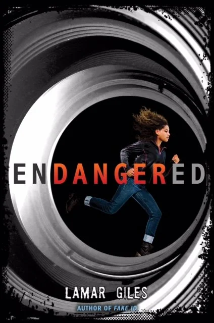 Alt Text: Black and gray swirl pattern. The book title ENDANGERED is the central text. A running curly haired girl in a black leather jacket and denim pants  is the central image.