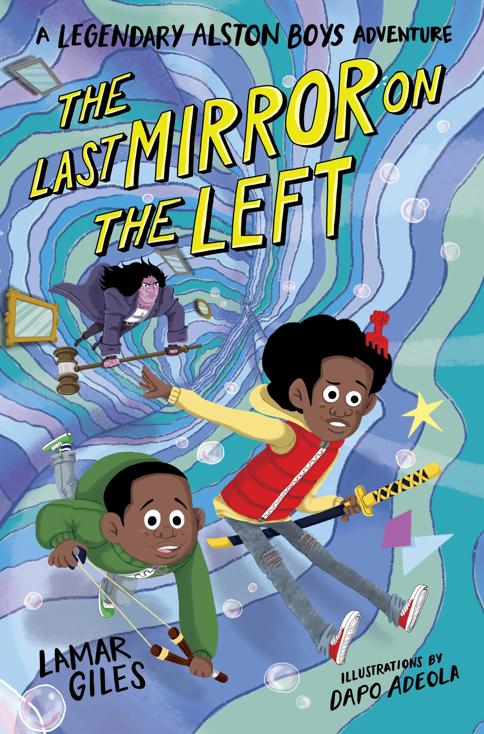illustrated cover by Dapo Adeola. Header text reads The Last Mirror on the Left. Two Black boys—one holding a slingshot, the other with a katana blade—plummet through a dimensional portal with a ghastly villain wielding a giant gavel in pursuit.