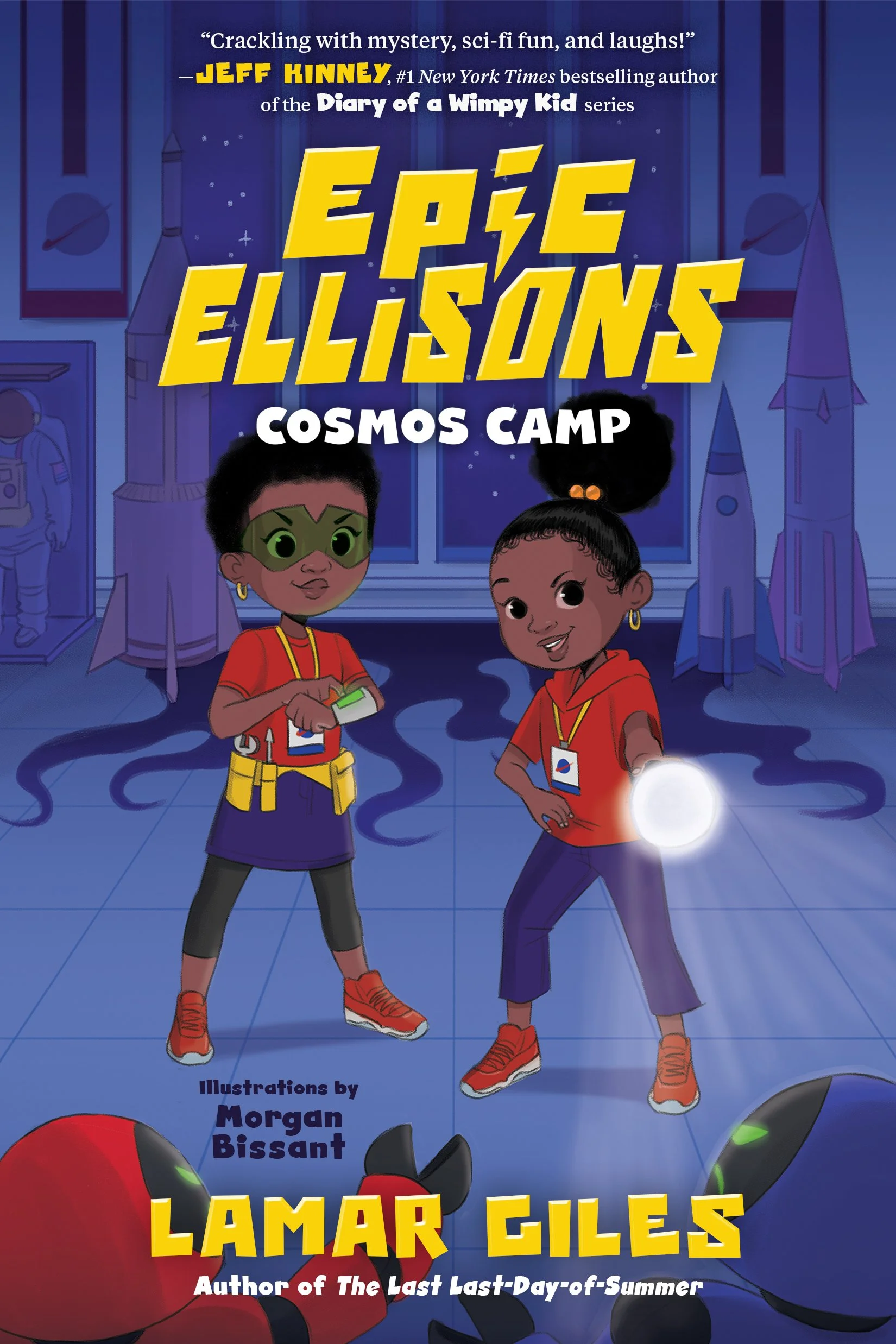 Illustrated Cover by Morgan Bissant. Header Text reads Epic Ellisons: Cosmos Camp. Two Black Girls face off against whimsically angry looking robots while an inky shadow creeps up behind them.