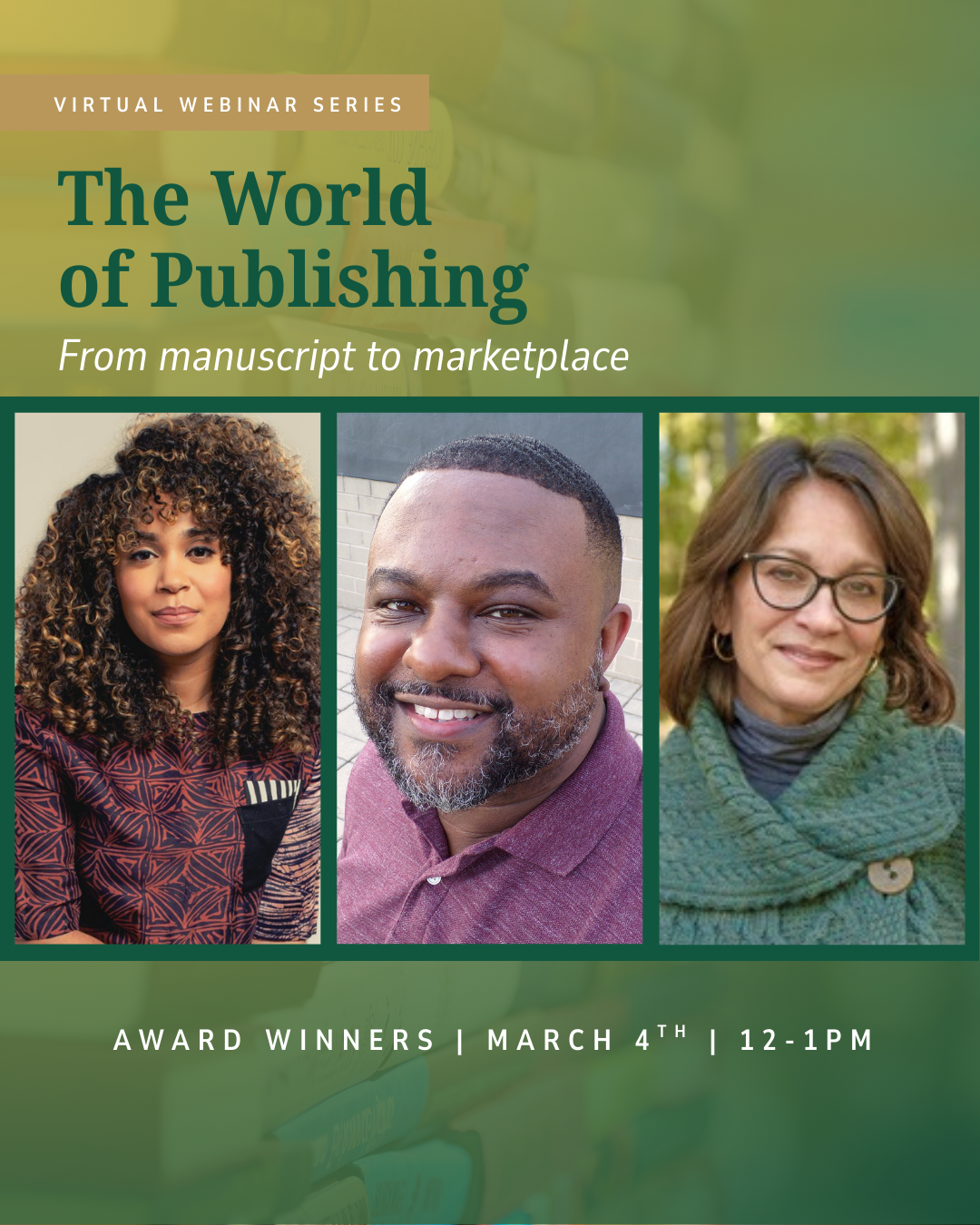 Text reads WOLRD OF PUBLISHING: AWARD WINNERS and features photos of three authors, Elizabeth Acevedo, Lamar Giles, and Meg Medina
