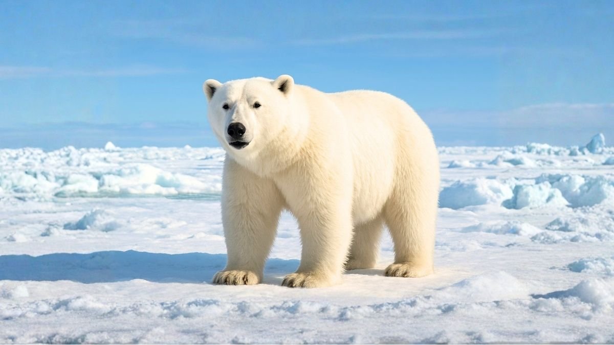 A real polar bear standing on Arctic sea ice with all four legs visible