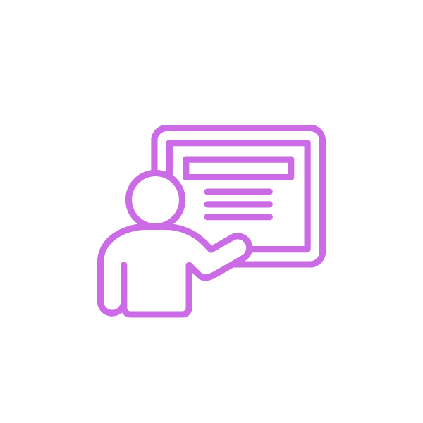 Neon purple outline of a person pointing at a presentation board with text.