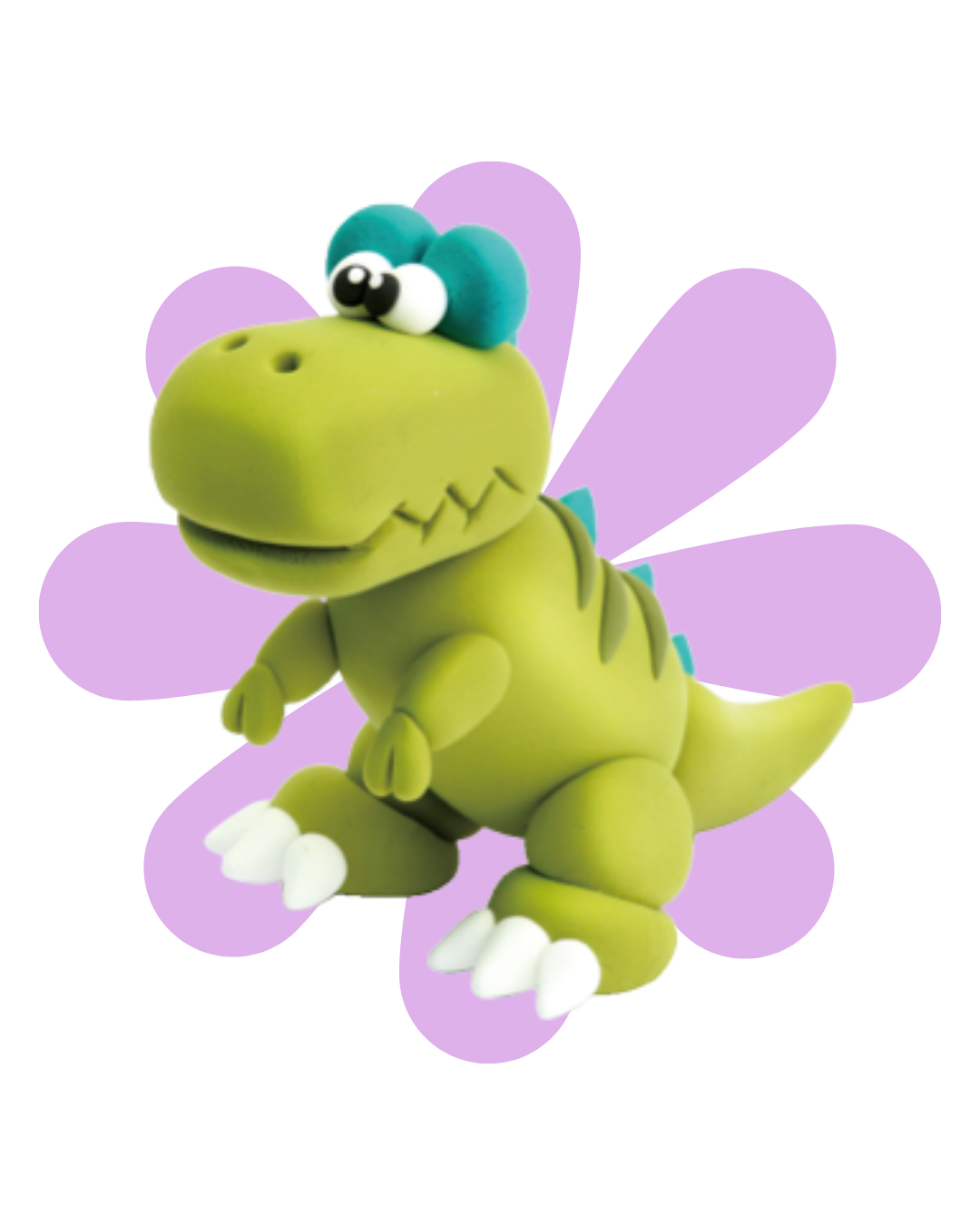 A plush toy of a cartoon dinosaur with light green body, darker green stripes, white claws, and big eyes with black pupils and white sclerae, standing against a purple background.