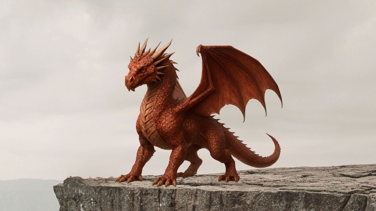 A realistic red dragon standing on a cliff in a fantasy scene